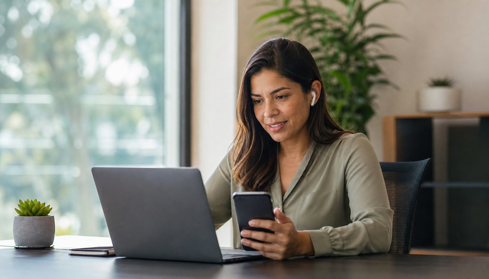 Consultora em atendimento humano com notebook e smartphone